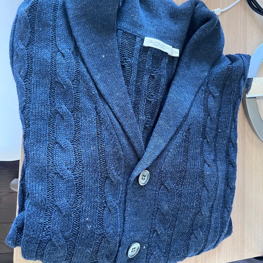 Suitsupply Cotton Linen Shawl Collar Cable Knit Sweater - Blue